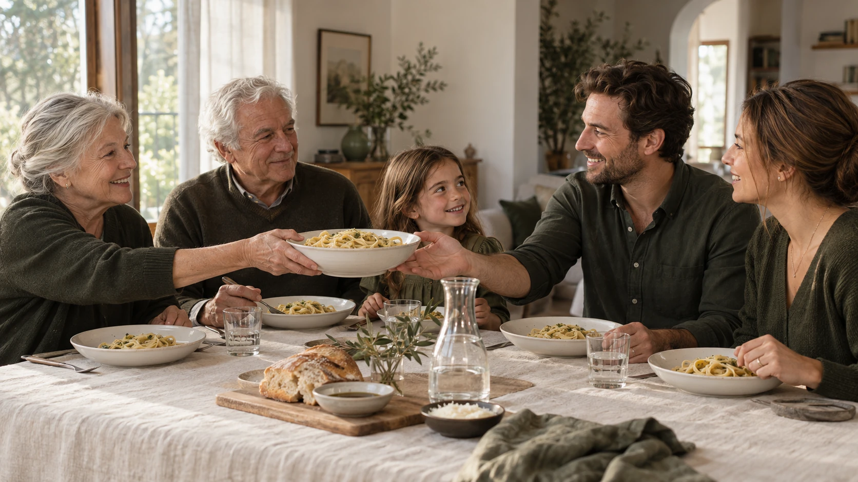 Three generations passing a bowl of fresh pasta at the family table
