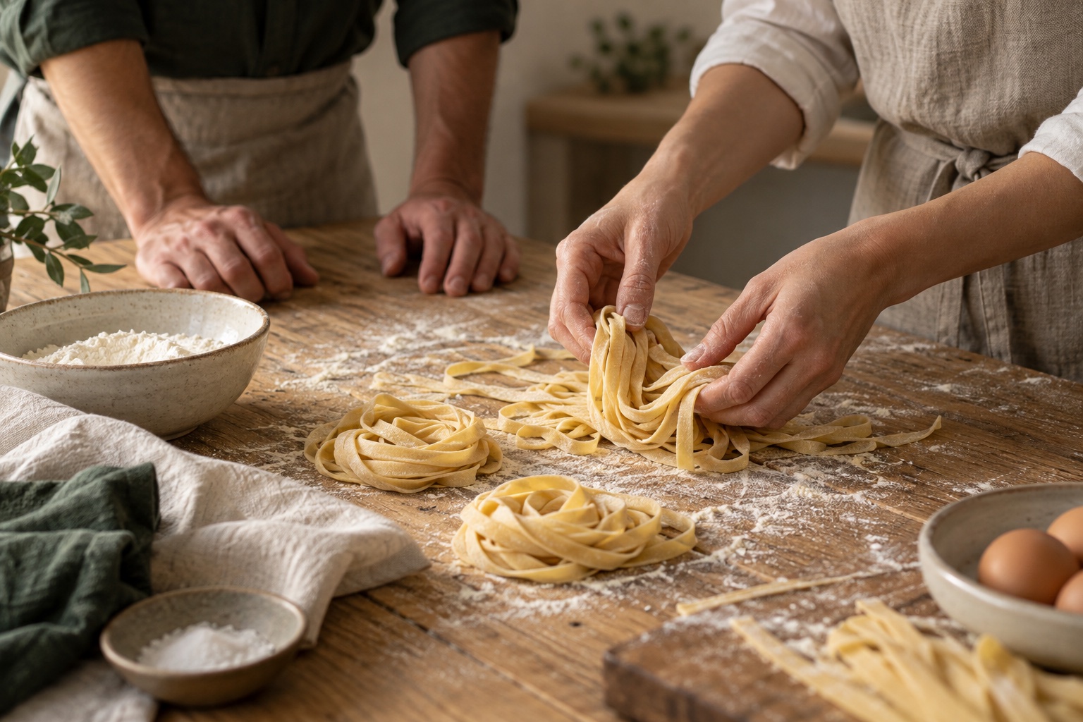 Two people making fresh pasta by hand on a flour-dusted oak table