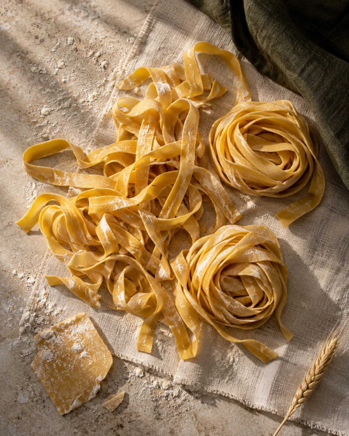Fresh pasta ribbons and nests on ivory linen and warm stone