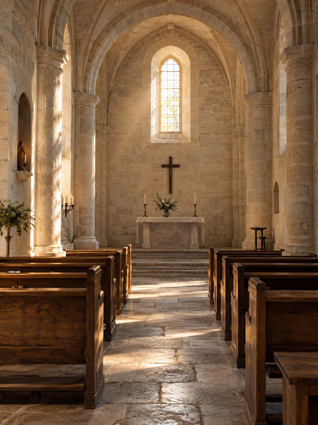 Morning light on stone arches, a simple cross and wooden pews in a quiet chapel